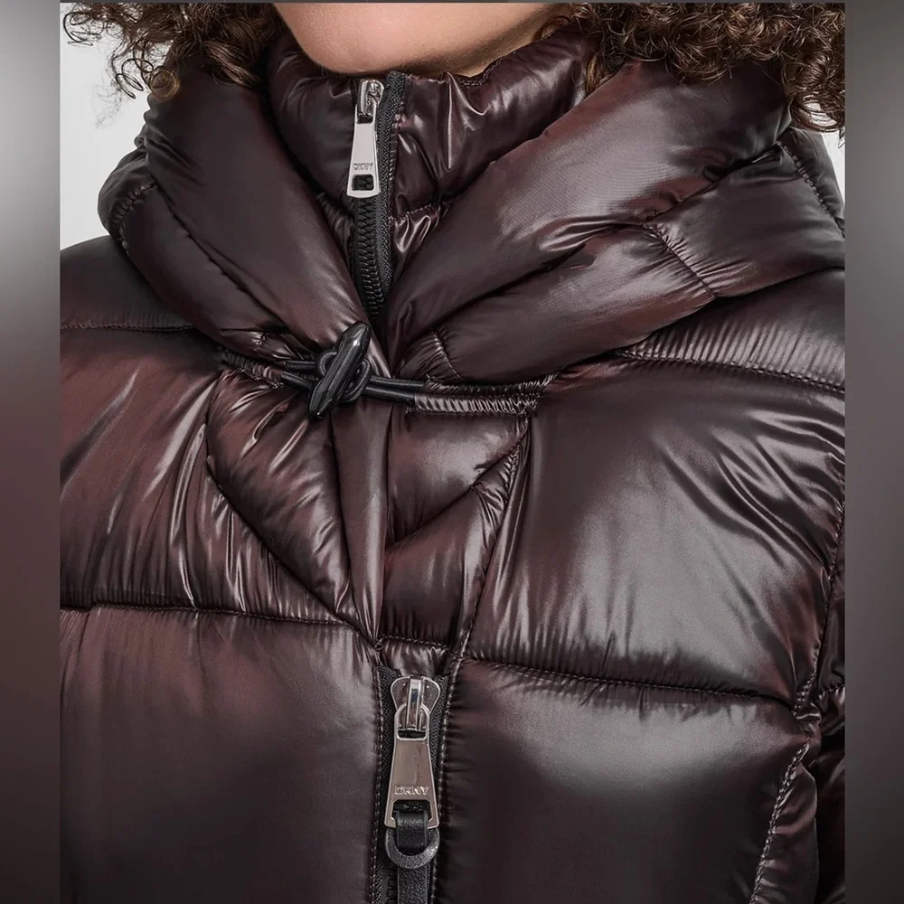 ❄️ DKNY Metallic burgundy Black Cherry 🍒 Bib Packable Shiny Bomber Jacket Coat - Picture 7 of 7